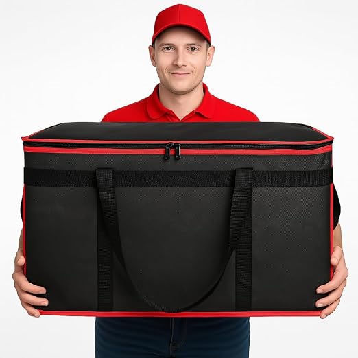 Bodaon Insulated Food Delivery Bag with Hard Bottom, 3XL, Black-Red, 1PK | Stable and Durable Catering Bag, Large Capacity Thermal Cooler Tote for Hot and Cold Food Transport for Restaurant Deliveries
