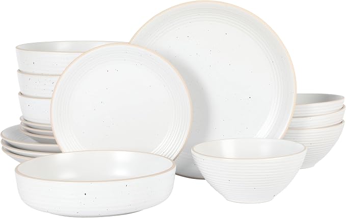 Gibson Home Dinah 16-Piece Matte White Stoneware Dinnerware Set – Double Bowl, Embossed Speckled Design, Durable Kitchen Dinnerware