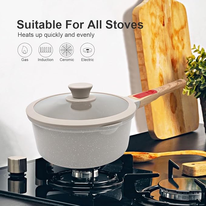 2.5 Qt Nonstick Sauce Pan with Lid, Sauce Pot with Pour Spout, White | Detachable Handle, Suitable for All Stoves, Including Induction, Oven Safe, PTFE & PFAS & PFOA Free