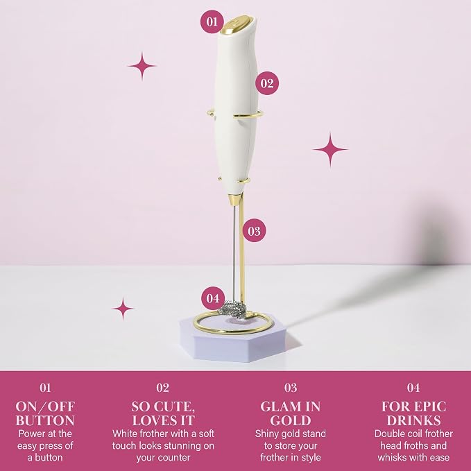 Paris Hilton Electric Handheld Milk Frother with Double Coil Head Whisk and Gold Metal Stand, Battery Powered (2 AA Batteries Required but Not Included), White
