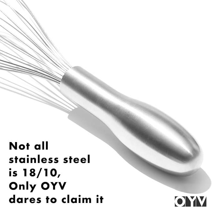 OYV 18/10 Stainless Steel Whisk, Ergonomic Handle, Dishwasher Safe Metal Whisk, Professional Wisk for Kitchen Cooking, Perfect for Blending, Whisking, Baking, and Beating, 10-Inch Wire Wisk
