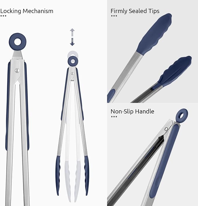 U-Taste Kitchen Tong for Cooking, 600ºF Heat-Resistant, 12in/Midnight Blue | Large Tongs for Serving Food, Big Rubber Tong for Grill/BBQ, Silicone Tips & 18/8 Stainless Steel Handle, Smooth Locking