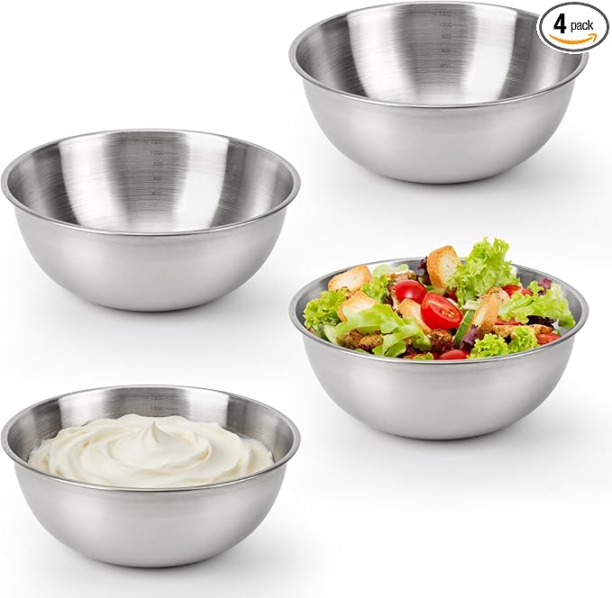 4-Piece Stainless Steel Mixing Bowls (7.1") Metal Bowl Set with Measurement Marks, Dishwasher Safe & Stackable - Perfect for Salad Making,Baking, Meal Prep and Kitchen Use