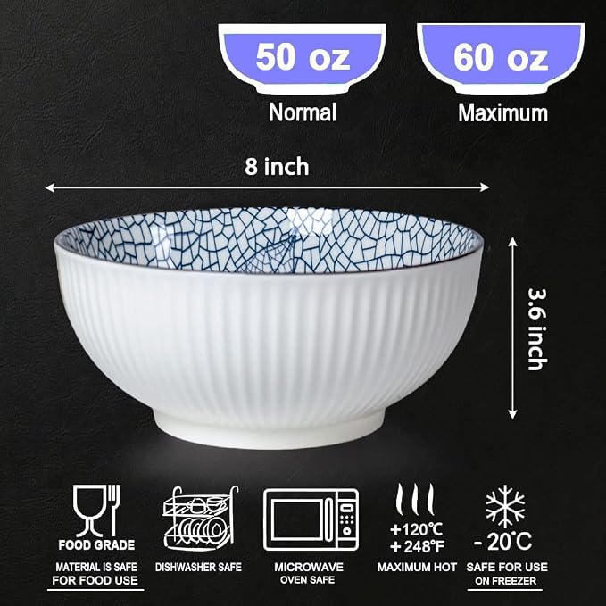 Houlu 60 oz Pho Bowls, Large Soup Bowl, Japanese Ramen Bowl Set, 8 inches Big Porcelain Bowls Set of 3, Striped Pattern