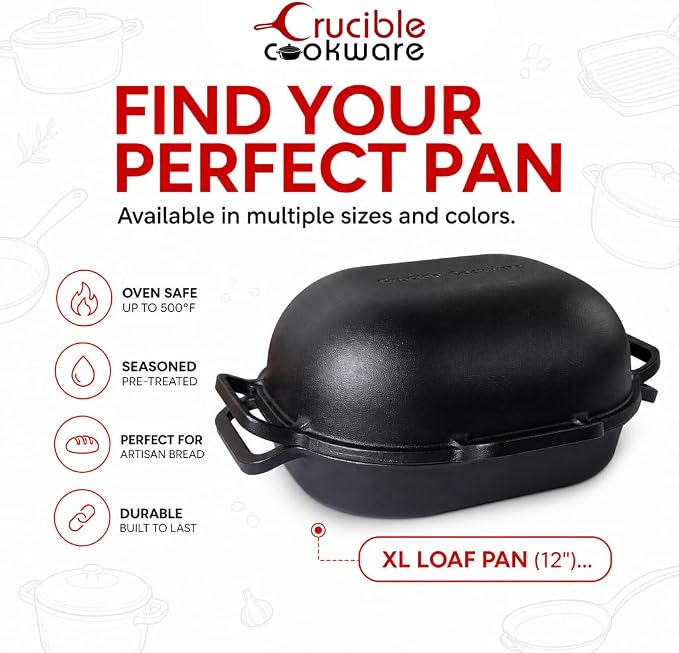 Crucible Cookware Extra Large Cast Iron Artisan Bread Pan 6 Loop Handles Deep Lid for Steam Baking - Sourdough Bread Oven, Covered Loaf Baker