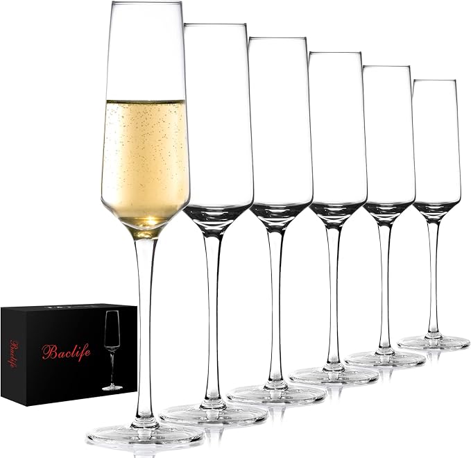BACLIFE Champagne Flutes - Hand Blown Elegant Champagne Glasses Set of 6 - Unique Gift for Father's Day, Birthday, Wedding - Ideal for Wine Tasting, Daily Use - 7.5 oz, Clear
