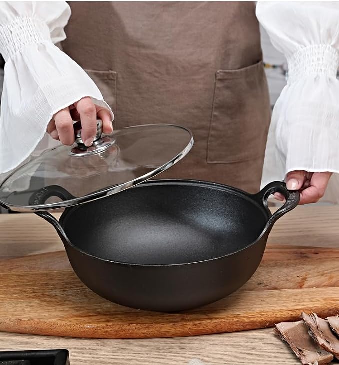 Cast Iron Wok with Dual Handle, Pre-Seasoned Stir-Fry Pans (Wok with Lid 10 inch)