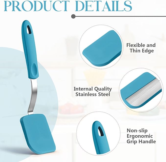 Silicone Cookie Spatula Turner 2 Pack Mini Brownie Spatula Flexible Kitchen Small Silicone Turner for Nonstick Cookware Heat Resistant No Scratch Flipper for Egg(Solid Flat,Light Blue)