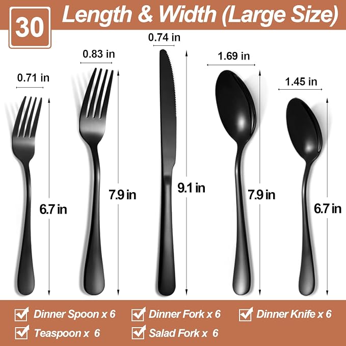 Silverware Set,30-Piece Stainless Steel Flatware Set for 6 | Food-Grade Stainless Steel Cutlery Set,Dishwasher Safe,Mirror Finished Utensil Sets for Home Restaurant,Round Edge,Black