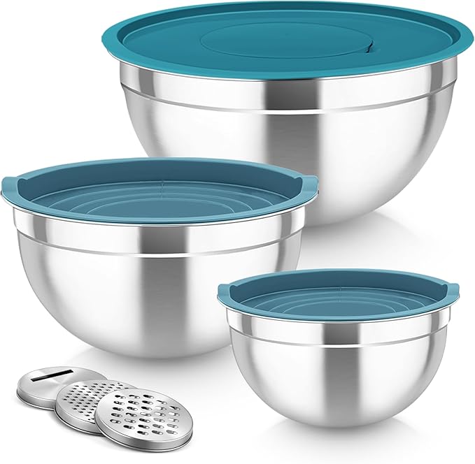 TeamFar Mixing Bowls, Stainless Steel Nesting Salad Bowls Set | Mixing Bowls with Lids & 3 Grater Attachments, For Mixing/Serving/Storing, Non-toxic & Long-lasting, 4.6/3/1.5 QT, Navy Blue