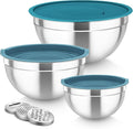 TeamFar Mixing Bowls, Stainless Steel Nesting Salad Bowls Set | Mixing Bowls with Lids & 3 Grater Attachments, For Mixing/Serving/Storing, Non-toxic & Long-lasting, 4.6/3/1.5 QT, Navy Blue