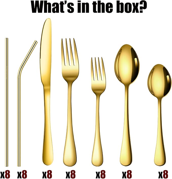 56 Pieces Gold Silverware Service for 8 Flatware Set with Straws Stainless Steel Utensils Cutlery Set Dishwasher Safe Flatware (Gold, 56)
