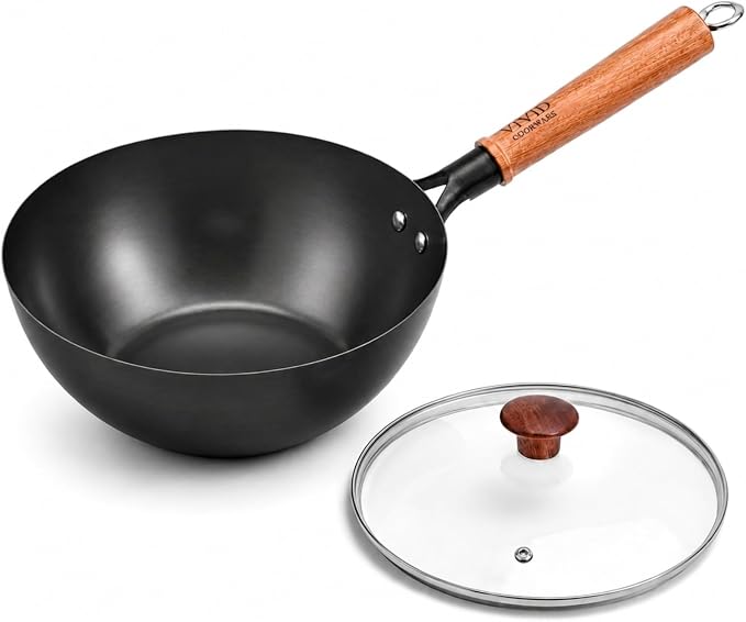 Carbon Steel Wok Pan with Lid, 9.4 Inch Deep Flat Bottom Wok, Coating-Free Carbon Steel Pan for Stir Fry, Soup, Noodles, Braising & Boiling, Small Induction Wok with Wooden Handle
