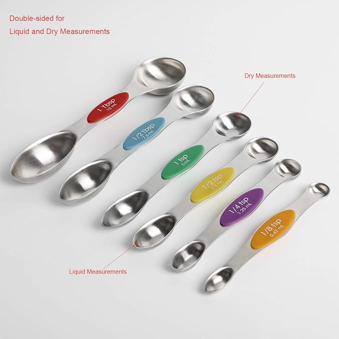 Magnetic Measuring Spoons Stainless Steel Dual Sided Teaspoons Tablespoons | for Measuring Dry and Liquid Ingredients Set of 6