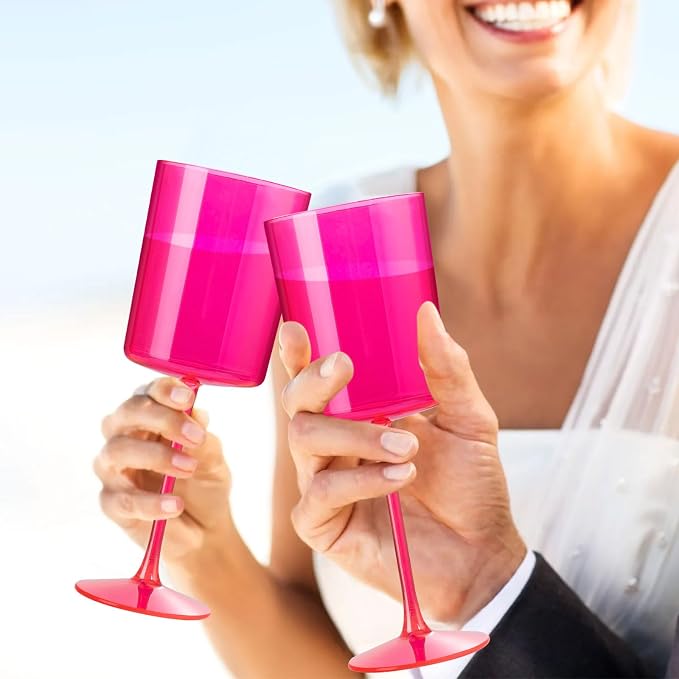 Ciaell 12 Pack Hot Pink Plastic Wine Glasses for Weddings Parties | 10 oz Hot Pink Stemmed Cups, Heavy Duty Plastic, Wine Champagne Cocktails Beverages for Anniversaries Birthdays Bars