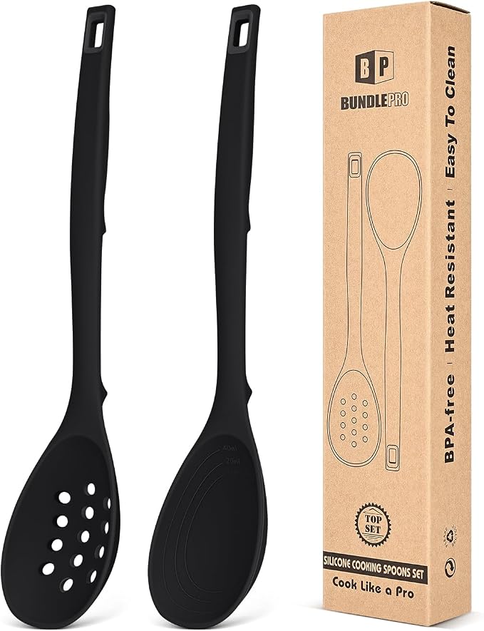 Pack of 2 Silicone Cooking Spoons, Non Stick Solid Kitchen Spoon with Measuring Marks & Back Hooks, Heat Resistant Silicone Slotted Spoon for Cooking, Mixing, Stirring,Serving (BLACK)