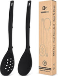 Pack of 2 Silicone Cooking Spoons, Non Stick Solid Kitchen Spoon with Measuring Marks & Back Hooks, Heat Resistant Silicone Slotted Spoon for Cooking, Mixing, Stirring,Serving (BLACK)
