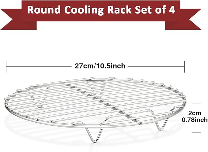TeamFar Cooling Rack, 10.5 inch Stainless Steel Wire Rack Round | Baking Racks for Cooking Steaming Roasting Cooling, Healthy & Non-toxic, Oven & Dishwasher Safe, Mirror Surface – Set of 4