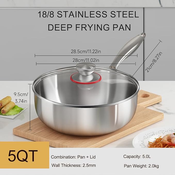 Tri-ply Stainless Steel Saute Pan 5-Quart with Clear Lid Deep Frying Pan for Chef's Cooking Wok Induction Oven Dishwasher Safe, Compatible with All Cooktops(Detachable Handle,11 Inch)