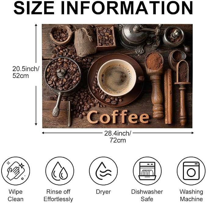 Coffee Stove Top Cover, Cafe Kitchen Decor, 28x20 in | Coffee beans, grinder and espresso cup flatlay on dark wood; flat-printed non-slip mat; protects glass cooktops; 28x20 in