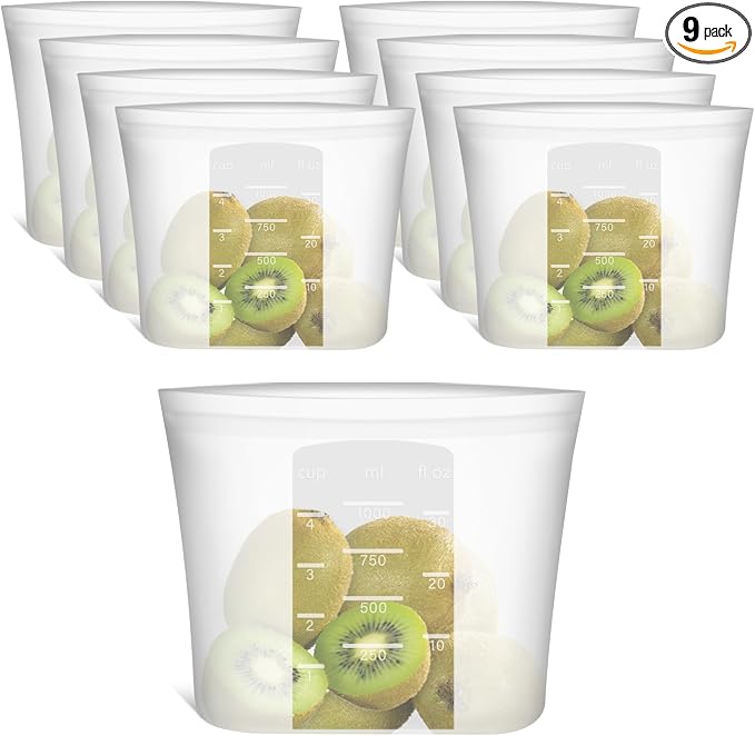 100% Silicone Reusable Storage Bag Quart Size, 9 Pack Stand-Up Wide-Mouth Zip-Lock Food Storage Bags, Easy-Fill Easy-Open Easy-Clean Space-Saving, Microwave & Dishwasher Safe, 34oz, Translucent