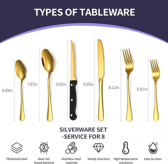 48-Piece Gold Silverware Set with Steak Knives Gold Stainless Steel Flatware Set for 8 Food Grade Tableware Cutlery Set Rust-proof, Mirror Polished, Dishwasher Safe