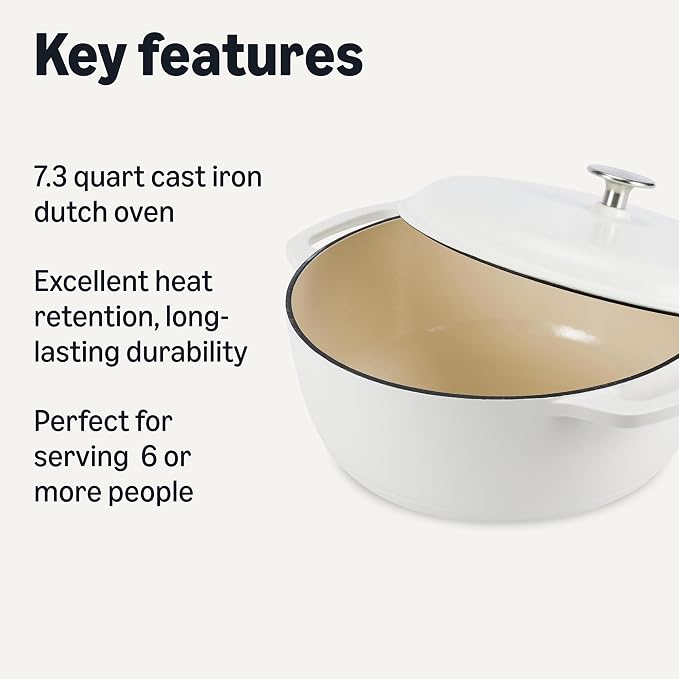Amazon Basics Enameled Cast Iron Dutch Oven Pot with Lid, Round, Dual Handles, Heavy-Duty, Oven Safe for Stews, Roasting, Baking, 7.3-Quart, Matte White