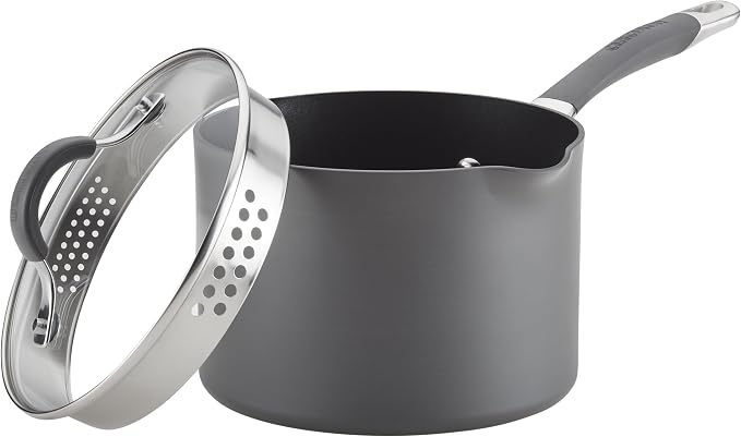 Circulon Radiance Hard-Anodized Nonstick Saucepan with Lid, 3-Quart | Straining lid for easy draining, durable hard-anodized nonstick construction for everyday cooking, in Gray