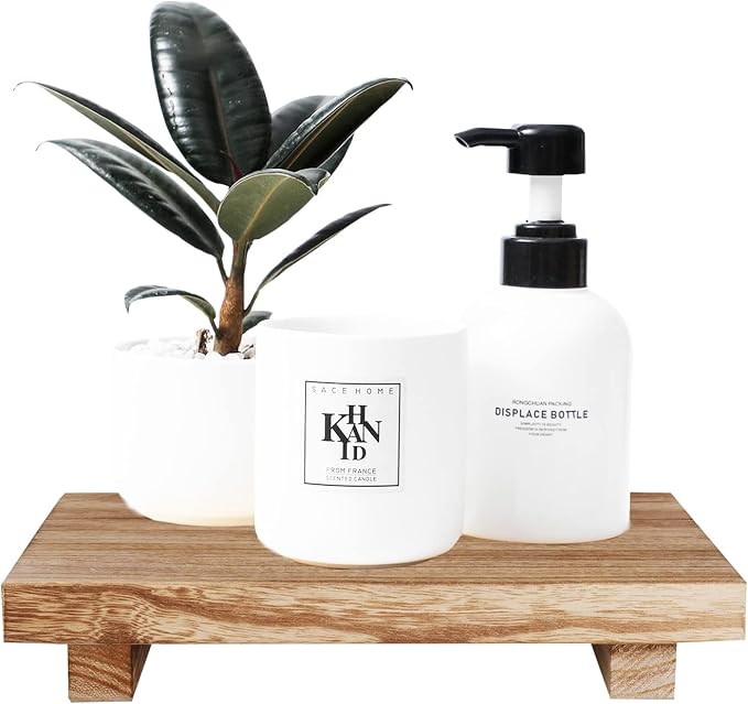 Wood Bathroom Tray Farmhouse Decor Kitchen Soap Holder, 9"x6" Brown | Waterproof, Lightweight, Easy Clean, Small Wooden Riser Pedestal Stand Accessories for Office Desk, Vanity, Counter, Sink