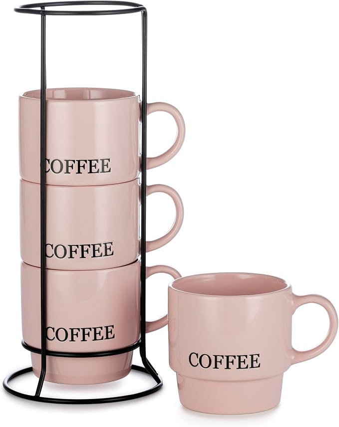 Signature Housewares Stackable Coffee Mug Tower Set with Metal Wire Rack - 15 Ounce Coffee Mugs for Coffee, Tea, Cocoa, Milk, Cappuccino, Hot Chocolate Set of 4 - Pink Coffee