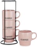 Signature Housewares Stackable Coffee Mug Tower Set with Metal Wire Rack - 15 Ounce Coffee Mugs for Coffee, Tea, Cocoa, Milk, Cappuccino, Hot Chocolate Set of 4 - Pink Coffee