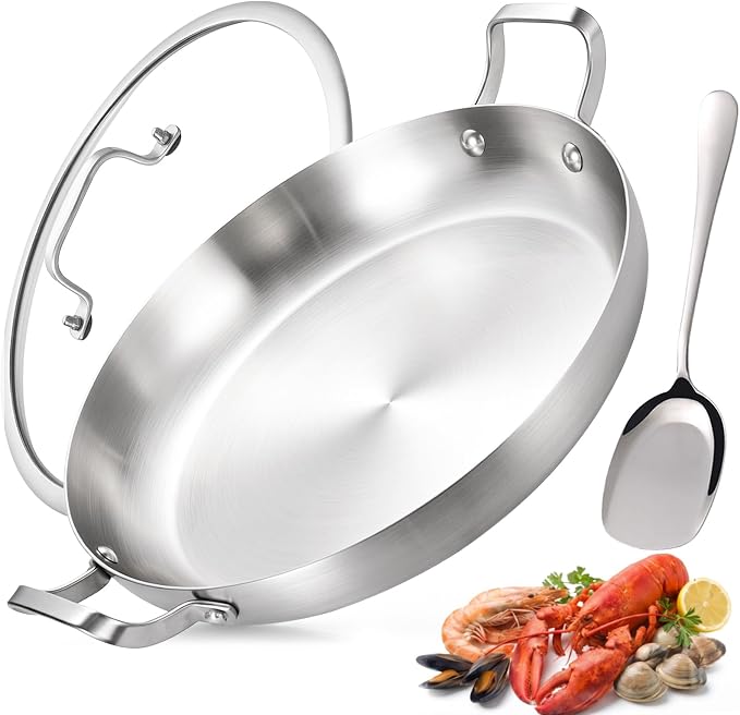 Inqibee 12 Inch Stainless Steel Paella Pan with Lid | Large Frying Pan with Double Riveted Handles, Wide Shallow Paella for Stovetop, Induction Compatible, Dishwasher & Oven Safe