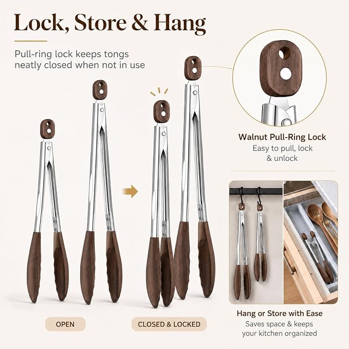 Walnut Wooden Tongs for Cooking - Salad Tongs for Serving Food(12"+15") Stainless Steel Kitchen Tongs for BBQ Grill, Wood Tongs Set