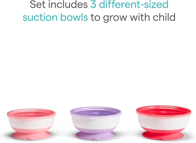 Munchkin Stay Put Munchkin Suction Baby Bowls with Lids - Dishes for Babies and Toddlers, Self-Feeding Bowl Set for Kids 6+ Months, 3 Pack, Pink/Purple