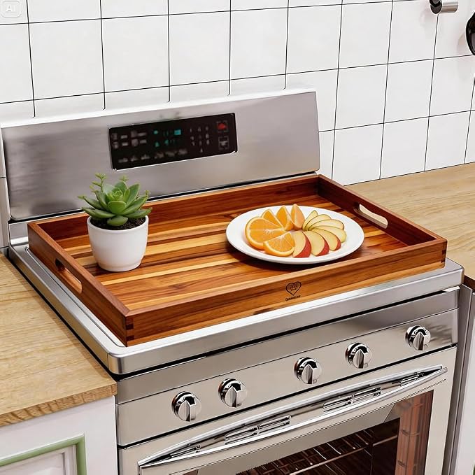 29.5x21.6 Teak Wood Stove Top Covers for Gas & Electric Stove with Handles | Noodle Board Stove Cover Tray for Counter Space, Cutting Board with Juice Groove