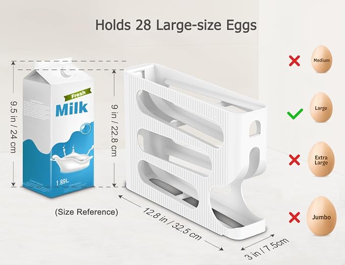 FIFO Egg Holder for Fridge, Egg Organizer for 28 Large Size Eggs | 1-Pack Auto Rolling Egg Dispenser for Refrigerator, Space-Saving Egg Roller/Container/Storage for Kitchen Countertop
