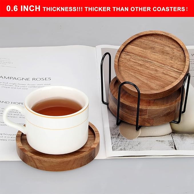 Wood Coasters Set of 4 Farmhouse Outdoor Coster for Drink Patio Table Decor | Cute Wooden Coaster with Holder Rustic Coffee Bar Accessories Kitchen and Dining Room Decoration Aesthetic Cool Cup Coasters