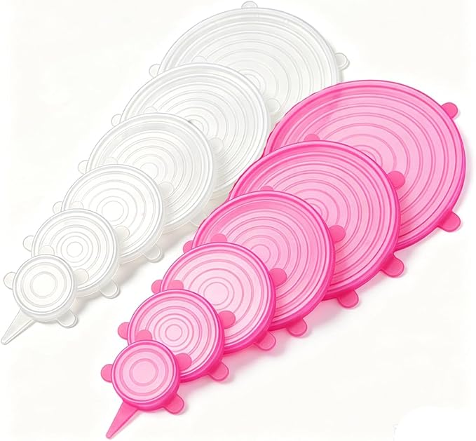 12 pcs Silicone Stretch lids set(6 Sizes,white&pink) | Reusable Food Storage Covers ,Flexible to Fit All Shape of Containers,Food Cover to Keep Food Fresh