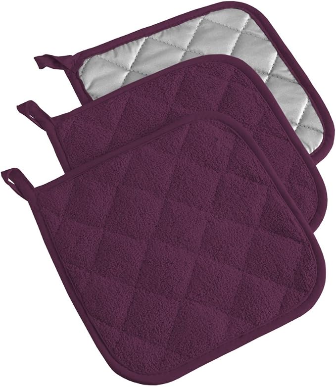 DII Basic Terry Collection Quilted 100% Cotton, Potholder, Eggplant, 3 Piece