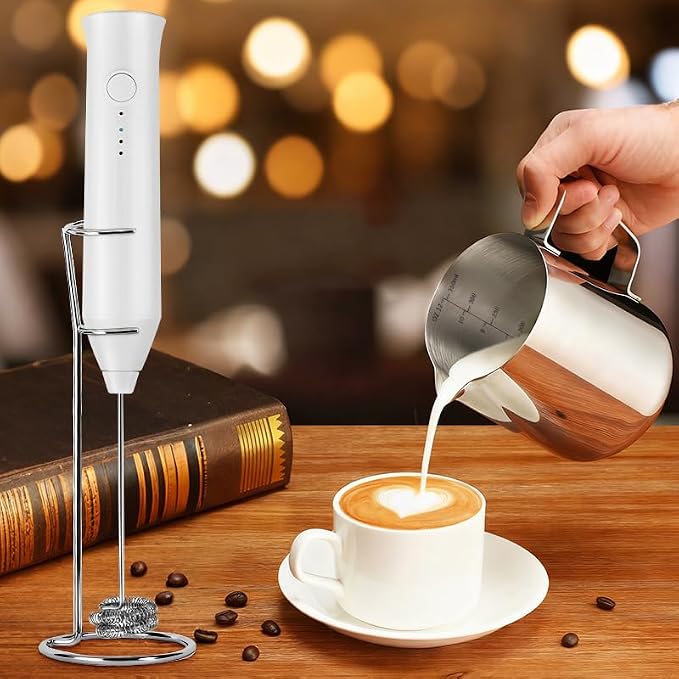 Powerful Milk Frother - Electric Handheld Milk Frother with Stand, Milk Jug and 2 Stainless Steel Blenders, Rechargeable 3 Speed Coffee Latte Cappuccino Matcha