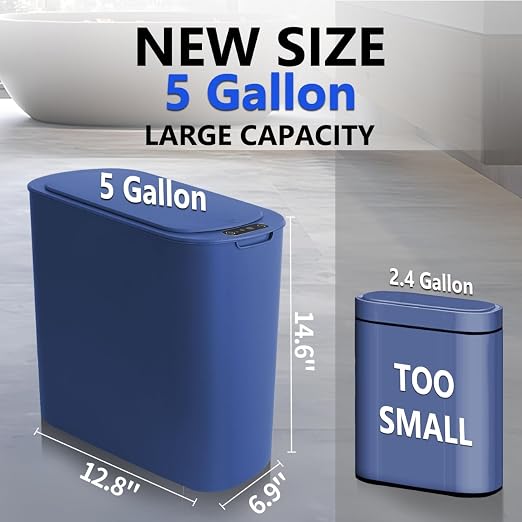 TIPGO 5 Gallon Automatic Bathroom Trash Can with Lid, Blue, Touchless | Motion Sensor, Slim Smart Garbage Bin, Plastic Wastebasket, Battery Operated, Manual Button, for Bedroom, Office,RV