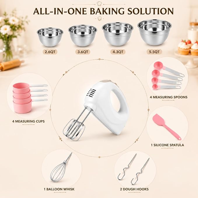 Showvigor Electric Hand Mixer with 5 Stainless Steel Whisks,5 Speed,White | Portable Kitchen Mixer Electric Whisk with 4 Stainless Steel Mixing Bowls, Measuring Cups, Spoons & Silicone Spatula