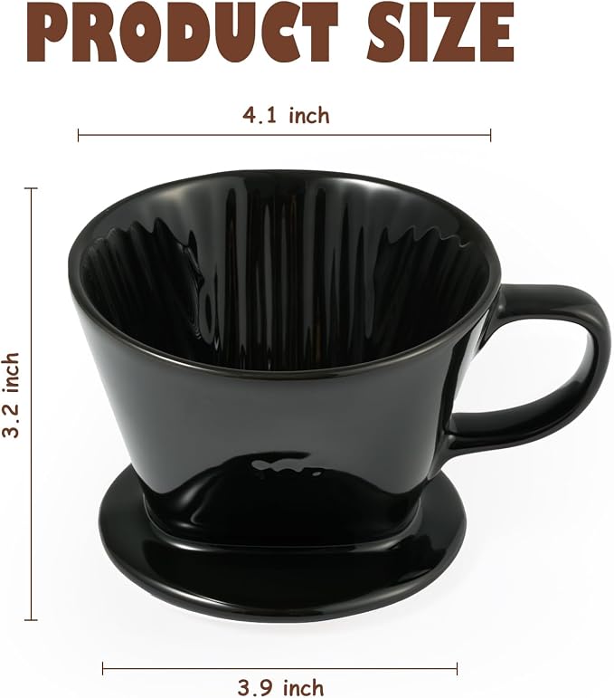 Pour Over Coffee Dripper, Ceramic Pour Over Coffee Maker, Black | 3 Holes Flat Bottom, Easy Manual Brew Maker, Porcelain Slow Filter Cone for Travel, Camping, Office, Home