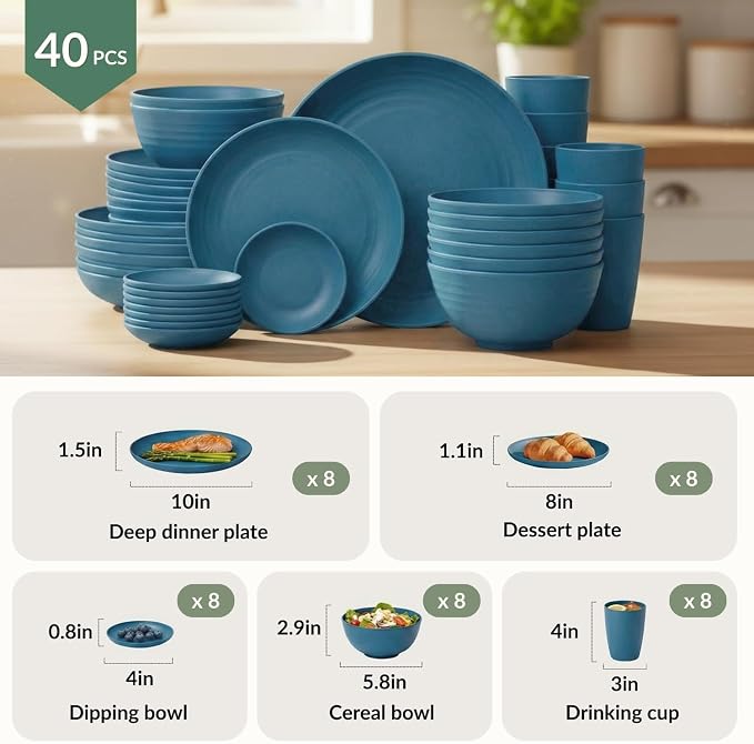 Wheat Straw Dinnerware Sets for 8, 40 Pcs Unbreakable Plates and Bowls Sets, Microwave Dishwasher Safe Dish Set, Reusable Plastic Dishes for Kitchen, Camping, Deep Plates for Salad (Blue)