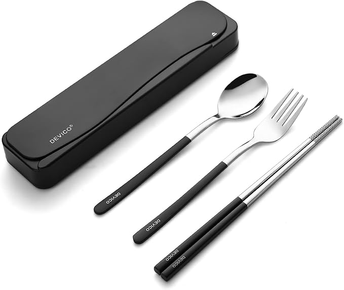 DEVICO Travel Utensils with Case, 4Pcs Portable Silverware Set for Work, 18/8 Stainless Steel Reusable Cutlery, Korean Spoon and Chopsticks Fork for Camping, School, Lunch Box Accessories (Black)