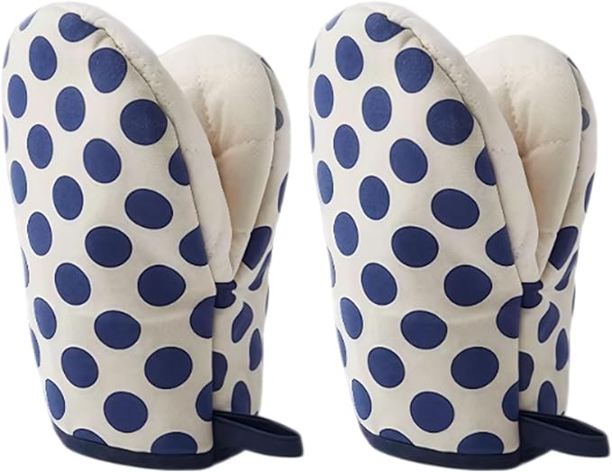 1 Pair Mini Oven Mitts,High Heat Resistant Oven Gloves,Kitchen Short Oven Mit with Hanging Loop for BBQ, Baking, Cooking and Grilling, (dotblue)