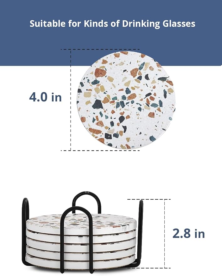 LIFVER Coasters Set of 6, Terrazzo Style Ceramic Drink Coasters with Holder | Set of 6 terrazzo coasters with holder, absorbent & non-slip cork back, protects tables from rings/scratches, stylish gift