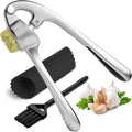Garlic Press Crusher & Mincer – Easy Squeeze Ergonomic Handle, Heavy Duty Zinc Alloy, Dishwasher Safe, Includes Peeler & Cleaning Brush – Garlic Ginger Crusher Tool (Silver)