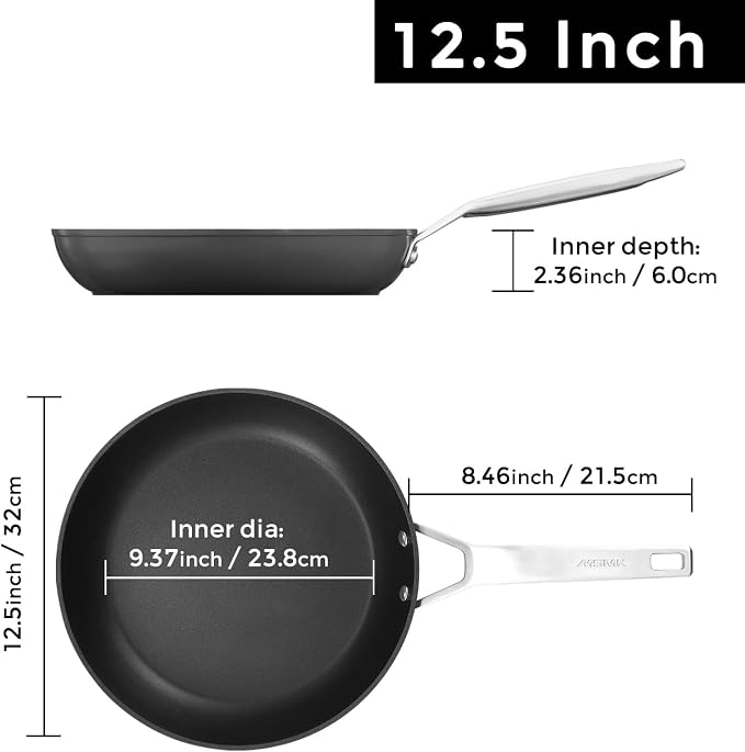 MsMk 12.5 Inch Nonstick Frying pan, Grey Large Cooking Pan Titanium Skillet | Non Toxic, Even Heating, Easy Clean, Dishwasher & Oven Safe, suitable for gas & electric & induction stoves, PFOA & PFAS Free