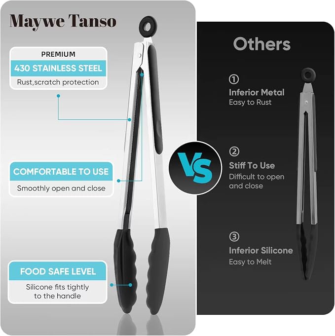 12-Inch Kitchen Tongs for Cooking with Silicone Tip,Black | 600℉ Heat-Resistant,Stainless Steel Locking Cooking Tongs Food Tongs for BBQ/Cooking/Salad/Serving Food,Heavy Duty,Non-Stick